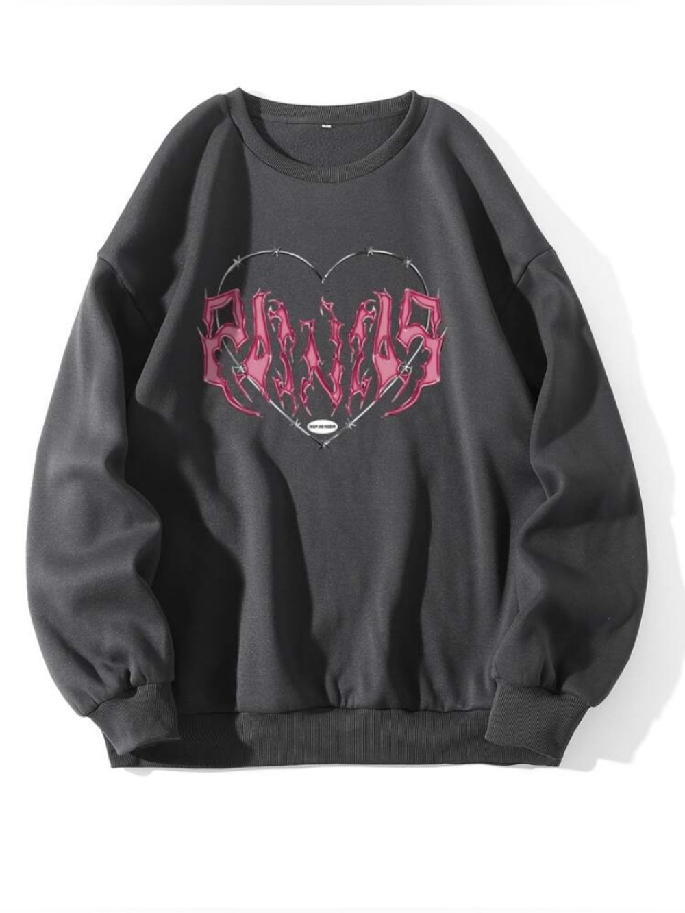 SHEIN Charcoal Crewneck Sweatshirt with Pink Heart Graphic
